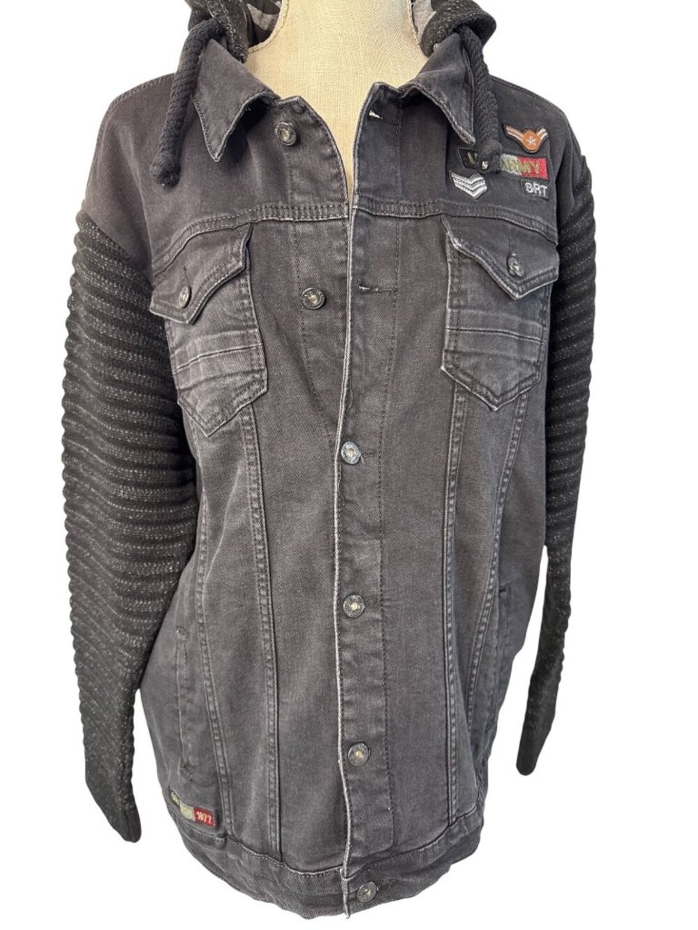 Sir Raymond Tailor Mens Black Denim Jacket W/Knit Sleeves Hood/Army Patches 3XL